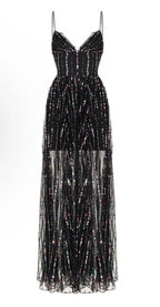 RASARIO Women's Sequined Tulle Maxi Gown Size 8 – Sleek Black Elegance