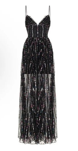 RASARIO Women's Sequined Tulle Maxi Gown Size 8 – Sleek Black Elegance