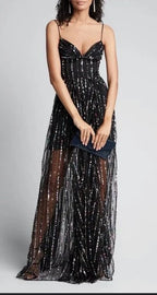 RASARIO Women's Sequined Tulle Maxi Gown Size 8 – Sleek Black Elegance