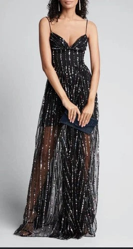 RASARIO Women's Sequined Tulle Maxi Gown Size 8 – Sleek Black Elegance