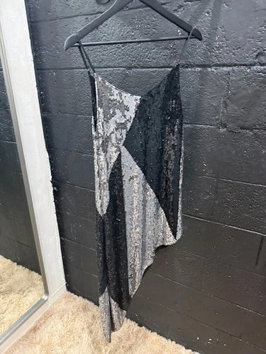 Retrofete Stella Asymmetric Two-Tone Sequinned Chiffon Dress Size S – Silver Mini