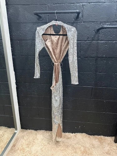 Ilkyaz Ozel Thea Dress Size 40 – Silver Sequined Maxi