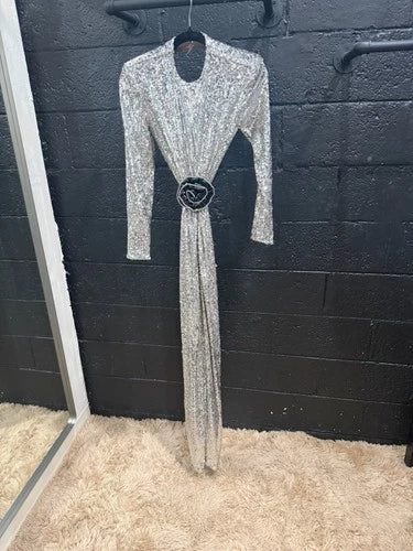 Ilkyaz Ozel Thea Dress Size 40 – Silver Sequined Maxi