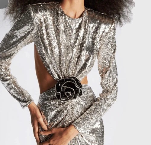 Ilkyaz Ozel Thea Dress Size 40 – Silver Sequined Maxi