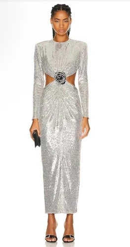 Ilkyaz Ozel Thea Dress Size 40 – Silver Sequined Maxi
