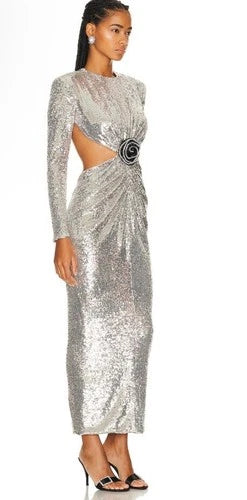 Ilkyaz Ozel Thea Dress Size 40 – Silver Sequined Maxi