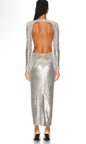 Ilkyaz Ozel Thea Dress Size 40 – Silver Sequined Maxi