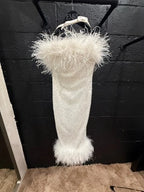 Nadine Merabi White Feather & Sequin Midi Dress Size XS – Elegant Party Wear