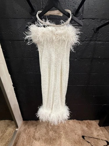 Nadine Merabi White Feather & Sequin Midi Dress Size XS – Elegant Party Wear