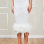 Nadine Merabi White Feather & Sequin Midi Dress Size XS – Elegant Party Wear