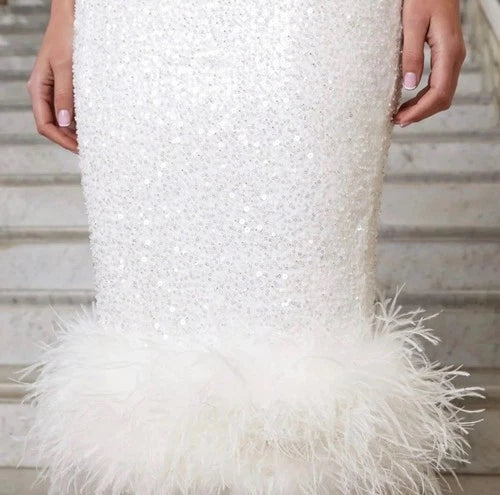 Nadine Merabi White Feather & Sequin Midi Dress Size XS – Elegant Party Wear