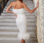 Nadine Merabi White Feather & Sequin Midi Dress Size XS – Elegant Party Wear