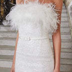 Nadine Merabi White Feather & Sequin Midi Dress Size XS – Elegant Party Wear