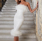 Nadine Merabi White Feather & Sequin Midi Dress Size XS – Elegant Party Wear