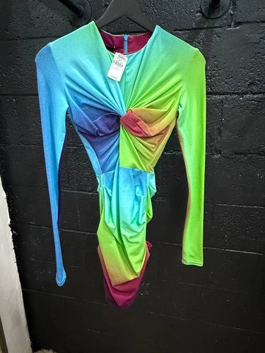 Alex Perry Halton Lycra Crew Twist Ruched Mini Dress Size 2 – Ombré Long-Sleeve Mini