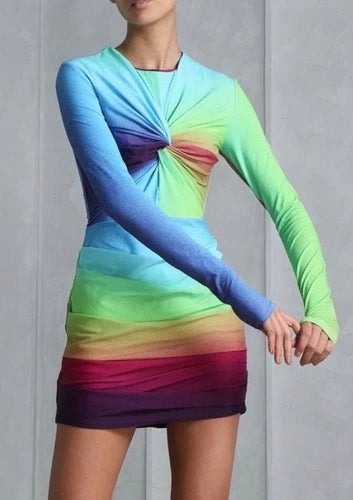 Alex Perry Halton Lycra Crew Twist Ruched Mini Dress Size 2 – Ombré Long-Sleeve Mini