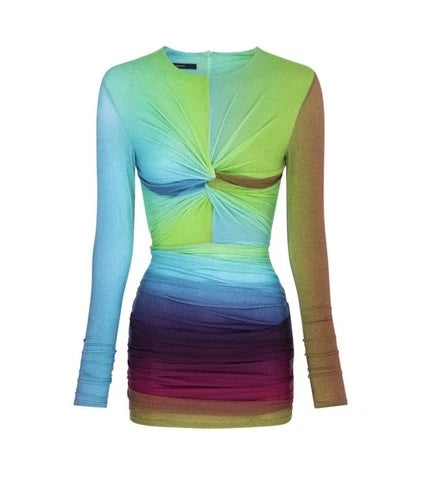 Alex Perry Halton Lycra Crew Twist Ruched Mini Dress Size 2 – Ombré Long-Sleeve Mini