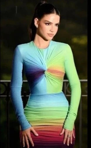 Alex Perry Halton Lycra Crew Twist Ruched Mini Dress Size 2 – Ombré Long-Sleeve Mini