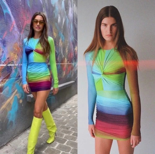 Alex Perry Halton Lycra Crew Twist Ruched Mini Dress Size 2 – Ombré Long-Sleeve Mini