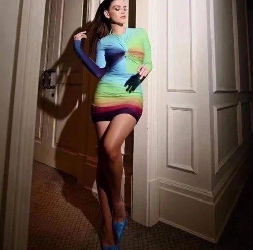 Alex Perry Halton Lycra Crew Twist Ruched Mini Dress Size 2 – Ombré Long-Sleeve Mini