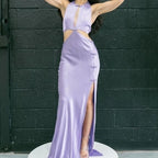 Sau Lee Salome Gown Size 4 – Purple Satin Halter Maxi with High Slit and Bow