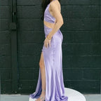 Sau Lee Salome Gown Size 4 – Purple Satin Halter Maxi with High Slit and Bow