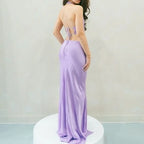 Sau Lee Salome Gown Size 4 – Purple Satin Halter Maxi with High Slit and Bow