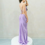 Sau Lee Salome Gown Size 4 – Purple Satin Halter Maxi with High Slit and Bow
