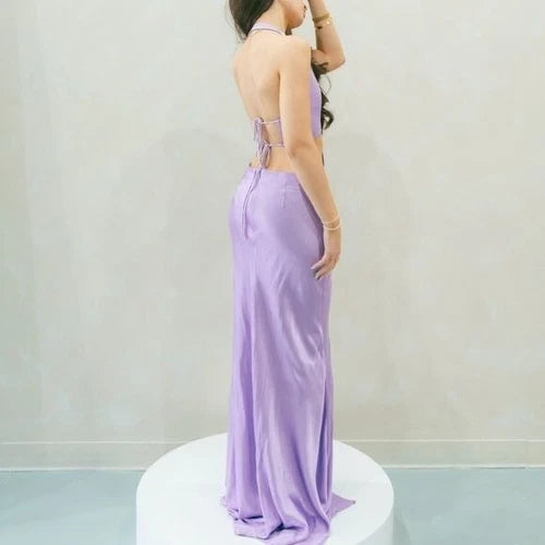 Sau Lee Salome Gown Size 4 – Purple Satin Halter Maxi with High Slit and Bow