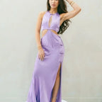 Sau Lee Salome Gown Size 4 – Purple Satin Halter Maxi with High Slit and Bow