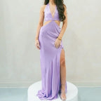 Sau Lee Salome Gown Size 4 – Purple Satin Halter Maxi with High Slit and Bow