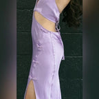 Sau Lee Salome Gown Size 4 – Purple Satin Halter Maxi with High Slit and Bow