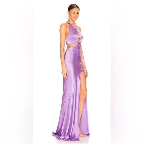 Sau Lee Salome Gown Size 4 – Purple Satin Halter Maxi with High Slit and Bow