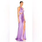 Sau Lee Salome Gown Size 4 – Purple Satin Halter Maxi with High Slit and Bow