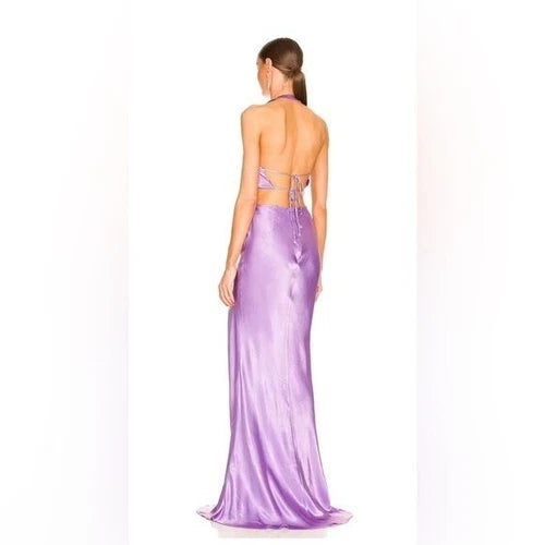 Sau Lee Salome Gown Size 4 – Purple Satin Halter Maxi with High Slit and Bow
