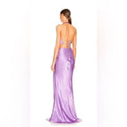 Sau Lee Salome Gown Size 4 – Purple Satin Halter Maxi with High Slit and Bow