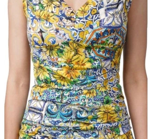 Dolce & Gabbana Majolika Blume Seide Dress Size 46 – Silk Floral Pencil Dress
