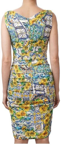 Dolce & Gabbana Majolika Blume Seide Dress Size 46 – Silk Floral Pencil Dress