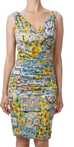 Dolce & Gabbana Majolika Blume Seide Dress Size 46 – Silk Floral Pencil Dress