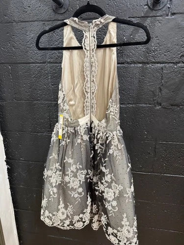 Alice and Olivia Beatrice T-Back Lace Fit and Flare Dress Size 4 – Silver Mini