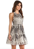 Alice and Olivia Beatrice T-Back Lace Fit and Flare Dress Size 4 – Silver Mini