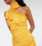 Alessandra Rich Polka-Dot One-Shoulder Silk Maxi Dress – Size 2/4 Yellow