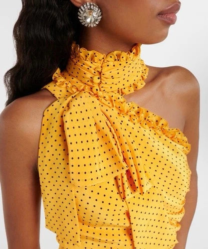 Alessandra Rich Polka-Dot One-Shoulder Silk Maxi Dress – Size 2/4 Yellow