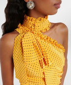 Alessandra Rich Polka-Dot One-Shoulder Silk Maxi Dress – Size 2/4 Yellow