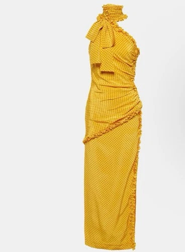 Alessandra Rich Polka-Dot One-Shoulder Silk Maxi Dress – Size 2/4 Yellow