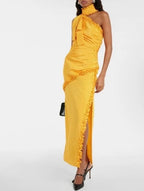 Alessandra Rich Polka-Dot One-Shoulder Silk Maxi Dress – Size 2/4 Yellow