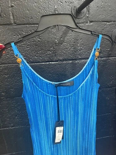 Versace Blue Plisse Satin Midi Dress – Size 40