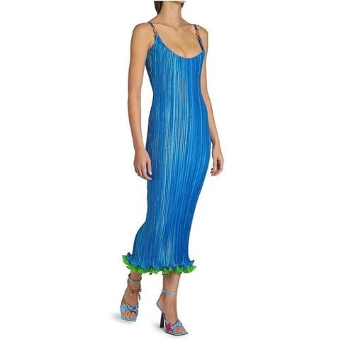 Versace Blue Plisse Satin Midi Dress – Size 40
