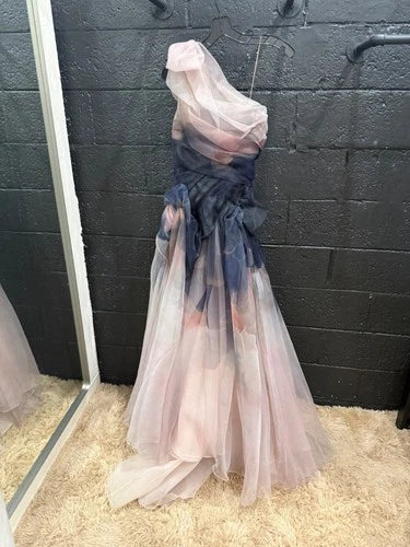 Marchesa Thunderstorm Painterly-Print One-Shoulder Organza Ball Gown – Size 8