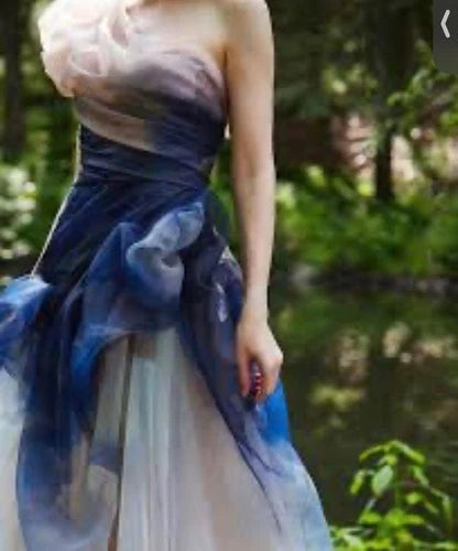 Marchesa Thunderstorm Painterly-Print One-Shoulder Organza Ball Gown – Size 8